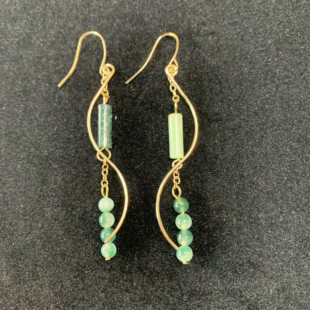 Boho Green Aventurine Dangle Earrings Gold S-Wave Wave Wire Jade Style Drop NEW